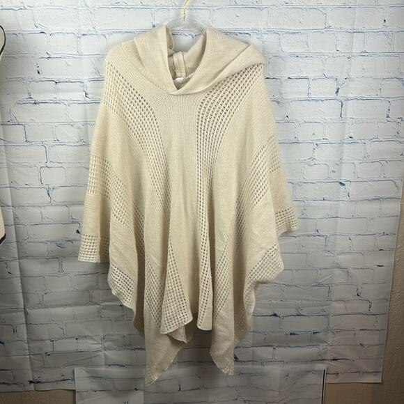 Mudd Hooded Cape Poncho Sweater Cream Open Knit One Size Fits Most - Picture 7 of 9